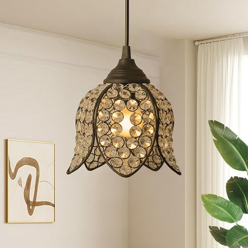 Image of Lotus Crystal Pendant Light Modern Ceiling Fixture, Stylish Home Decor, Warm White, Living Room, Bedroom, Contemporary Design, Decorative Crystal Chandelier (Black)