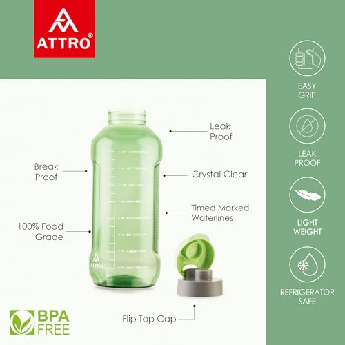 Image of ATTRO Ultra Pro Motivational 1.5-Liter BPA-Free Water Bottle with Leak-Proof Flip-Top Cap, Nylon Strap and Stylish Color for Daily Hydration- Mint Green-Set Of 2