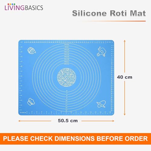 Image of LivingBasics 50x40 cm Silicone Roti Rolling Mat for Kitchen Non-Stick Chapati Dough Aata Kneading Mat with Measurement Guides /Food Grade Pad for Roti, Pizza, Paratha & Pastry (Blue, Pack of 1)