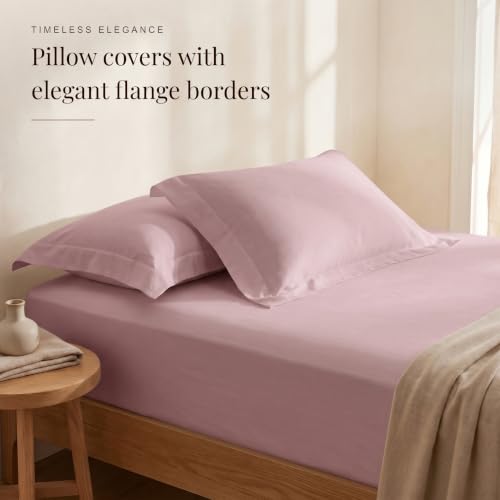 Image of Huesland 300 TC Premium 100% Pure Cotton Luxe Soft Touch Fitted Single Size Bedsheet Cotton with 2 Pillow Covers | Cameo Pink | 36 x 78 Inches