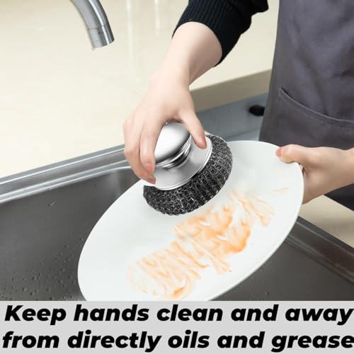 Image of 2PCS Steel Wool Scrubber with Handle, Stainless Steel Wool Scrubber with 2 Replacement Pads, Cleaning Brush for Cleaning Dishes, Metal Pans, Grill, Stoves