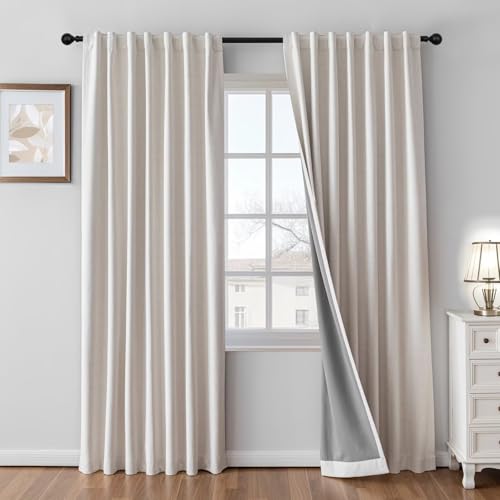 Zyvola 100% Blackout Curtains 96 inch Faux Linen (W52 x L96, Natural)