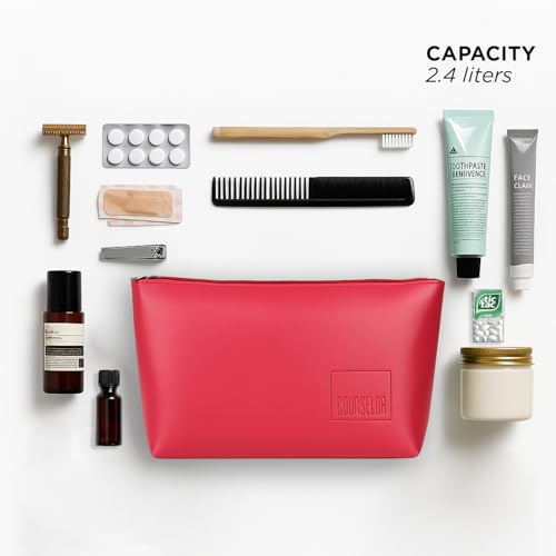 Image of COUNSELOR Makeup Pouch Bag for Men & Women, Vegan Leather Travel Cosmetic Bag, Durable Lining & Smooth Zipper Closure, Toiletry Makeup Organizer Bag for Home & Travel, Kubo (Red)