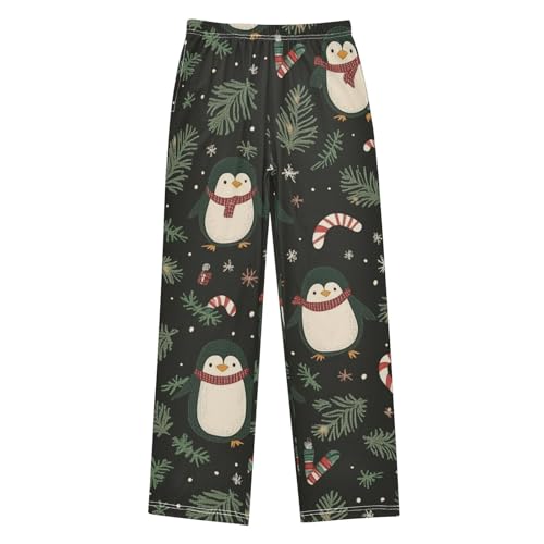 ZZXXB Christmas Penguins Pine Branch Boys Long Pants Soft Trousers Elastic Waist Kids Lounge Bottoms with Pockets S-XL
