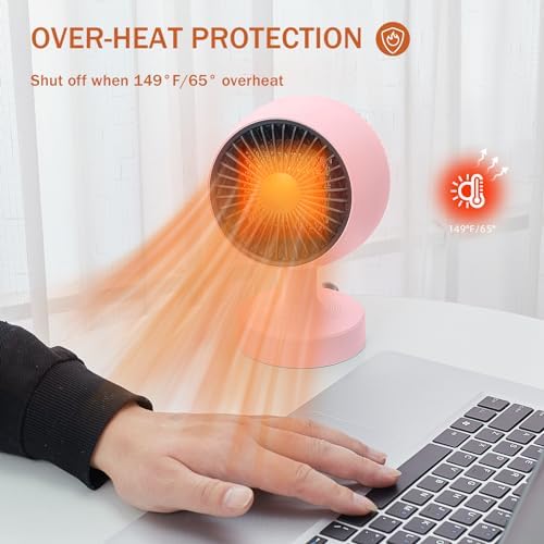 Space Heater,Small Space Heater,1200W Desk Heater for Office,160° Lateral Auto Oscillating,3 Gears Adjustable,PTC Ceramic Heating,Tip-over & Overheat Protection,Fast Heating, Hot And Cold Air Pink - 5