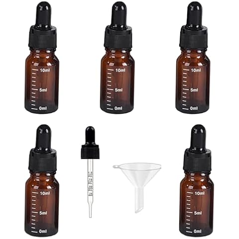 UpTuoLi Dropper Bottles, 5Pcs Glass Dropper Bottles with 1 Funnel, Eye Dropper Bottle, Glass Bottles with Graduated Pipette, Leakproof Essential Oils Bottles, Dropping Bottles with Measured Dropper Cover