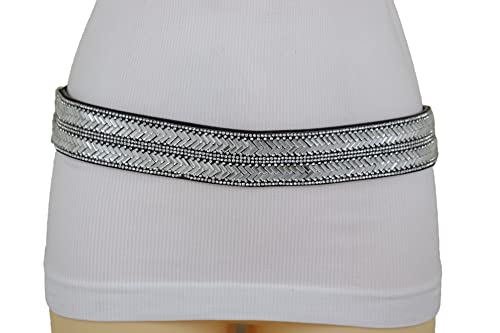 Women Black Elastic Fashion Belt - Bridal Waistband Silver Rhinestones Size S M3