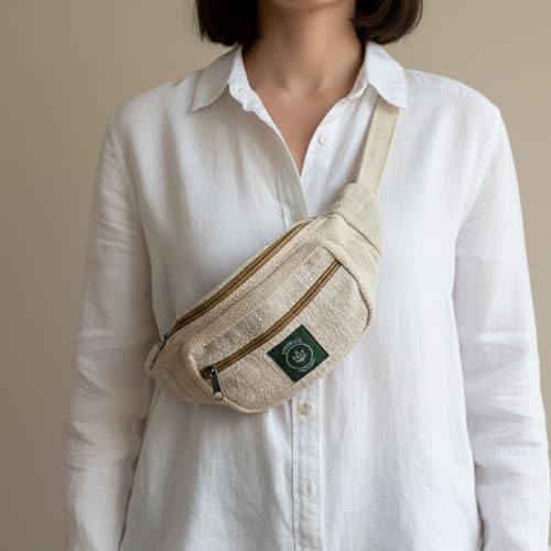 Image of Waist Bag for Men & Women | Adjustable Belt Bag Hemp Fanny Pack | Travel Running Hiking Outdoor Crossbody Chest Sling | Eco-Friendly Lightweight Waist Bag with Multiple Zipper Pockets