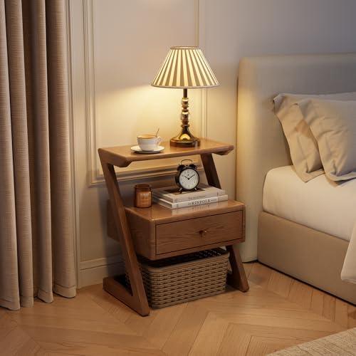 Image of Solid Wood Nightstand with Open Shelf and Drawer, Z Wooden Night Stand with Open Storage,Bedside Tables for Bedroom, Modern Mid Century end Table with Solid Wood Legs