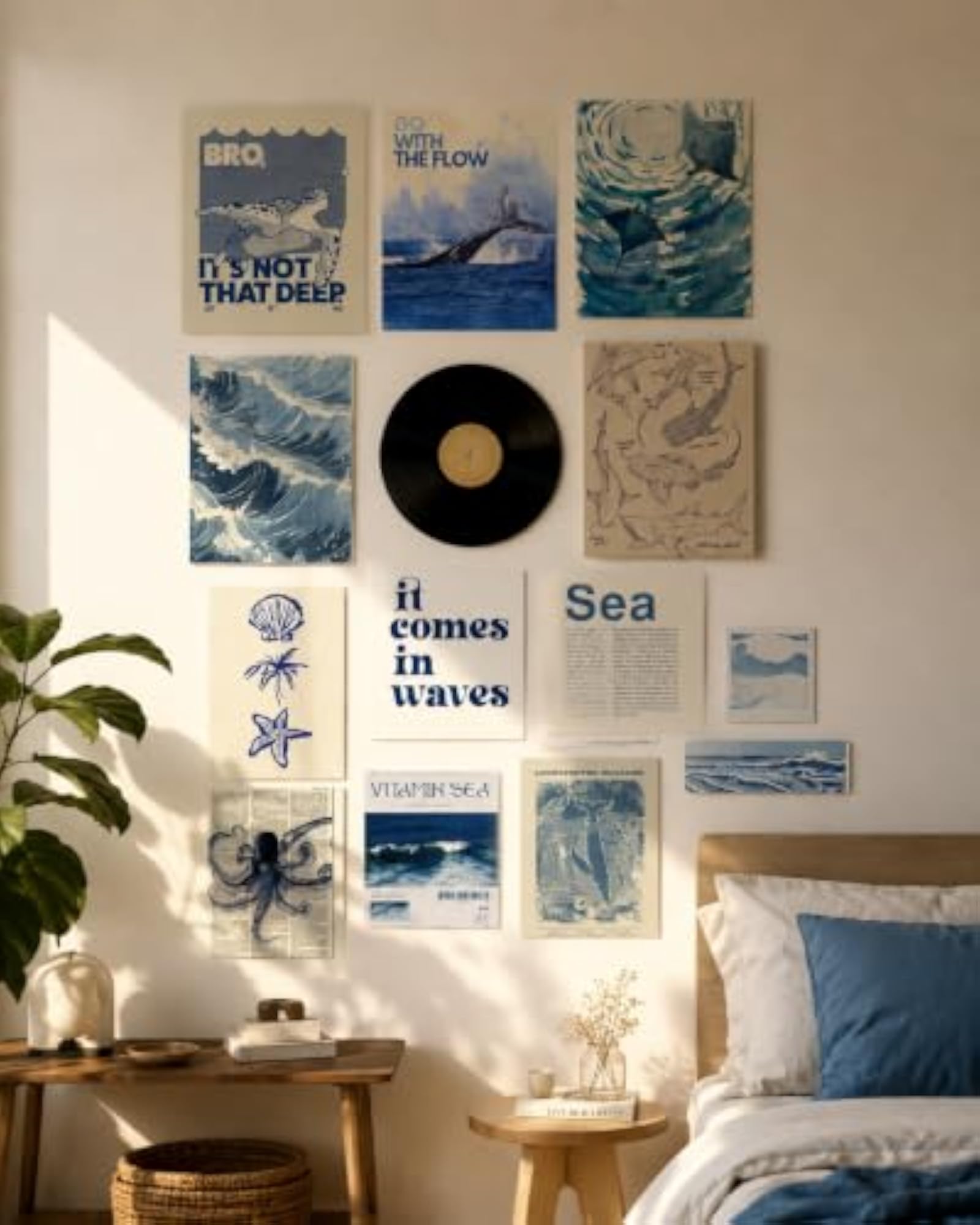 Aesthetic Ocean Wall Decor Set with Vinyl Record