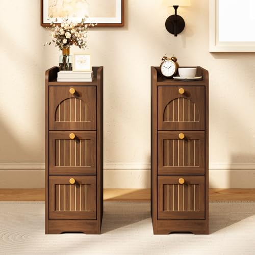 Image of 7.87 inch Narrow Nightstand Set of 2, Fluted Slim Bedside Table with 2 Drawers, Mid Century Modern Small End Table with Gold Metal Handles, for Bedroom, Living Room & Small Spaces - Walnut