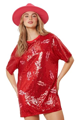 Hey Sweetie Women's Football Sequin Jersey Dress – V-Neck Foil Game Day Short Sleeve Sporty Embroidered Dress