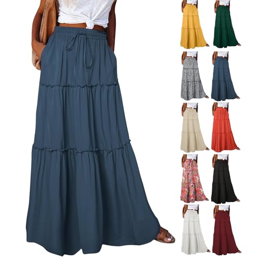 Flowy Maxi Skirts for Women High Waisted Tiered Long Skirt Ladies Soft Drawstring Casual Ruffle Skirts Pleated Skirts Plus Size Dressy Spring Skirts for Women 2025 Summer Skirts Flowy Skirts for Women