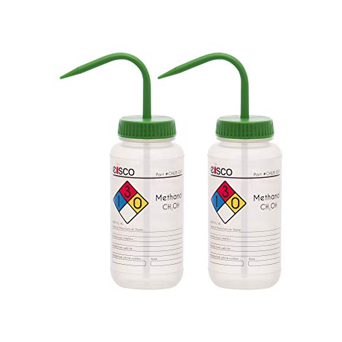 EISCO 2PK Wash Bottle for Methanol, 500ml - Labeled with Color Coded Chemical & Safety Information (4 Colors) - Wide Mouth, Self Venting, Polypropylene - Performance Plastics Labs