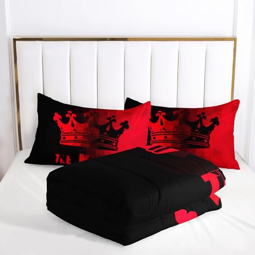 Image of AILONEN Red and Black Comforter Set Queen Size,Crown King Printed Couple Bedding Set for Men Women Adults,3-Piece Mr Mrs Themed King and Queen Quilt with 2 Pillowcases
