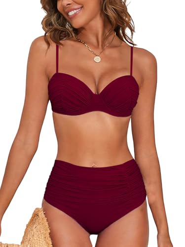 NLAND Conjunto de Bikini de 2 Piezas para Mujer Traje de Baño Push Up Conjunto Bañador Control de Vientre de Cintura Alta Sexy Bikini Sets(Rojo Vino,S)