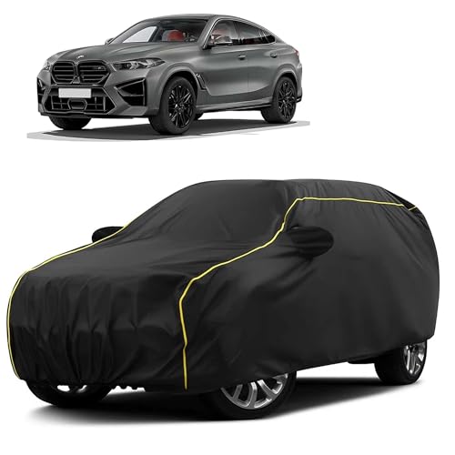 Image of Sulfar 100% Water Resistant Car Body Cover Compatible with Mirror for BMW X6M (Triple Stitched, Full Bottom Elastic, Black Taffeta with Yellow Piping)