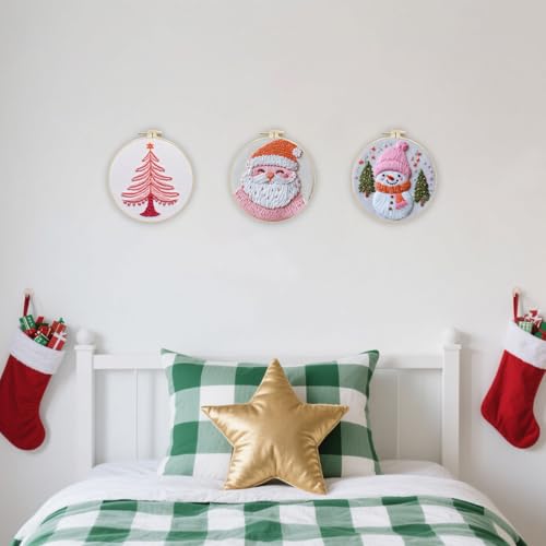 Image of LB Pink Christmas Embroidery Kit for Beginners Adults, 3 Sets Hand Embroidery Starter Kit with Santa Pattern and Instructions Stamped Cross Stitch Kits Include Embroidery Hoop Needles Threads Scissors