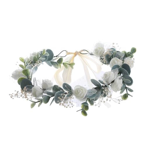 June Bloomy Greenery Leaf Crown Rustic Wedding Headpiece Bridal Headband Photo Prop (White Babysbreath)3