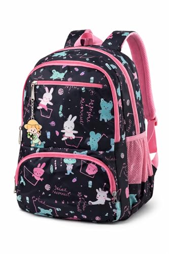 Mochila Infantil e Juvenil Estampada 25L em Poliéster Resistente 4 Bolsos com Zíper, Costas Acolchoadas, Alças Confortáveis e Chaveiro Decorativo (Preto)