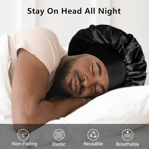 Image of 2pcs Bonnets for Men, Double Layer Hair Bonnet Satin Bonnet for Women Curly Hair Braids