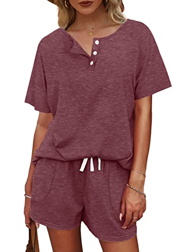 Image of WIHOLL Two Piece Outfits for Women Lounge Sets Button Down Top and Shorts Set Sweatsuits with Pockets