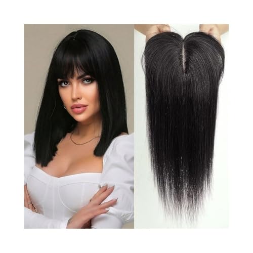 Postizo de cabello humano con flequillo, 3 clips, color negro natural, 35,5 cm, base de seda, Remy, for cabello grueso Wiglets