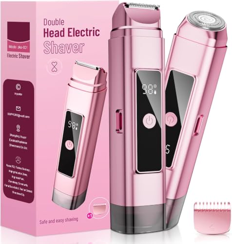 Image of Dual Head Electric Bikini Trimmer for Women: IPX7 Waterproof Lady Shaver with LED Display - Rechargeable Pubic & Body Hair Razor - Rococo Pink
