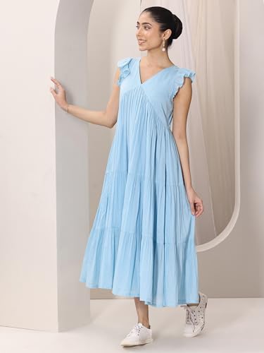Image of Libas Solid Cotton Fit and Flare Dress for Women