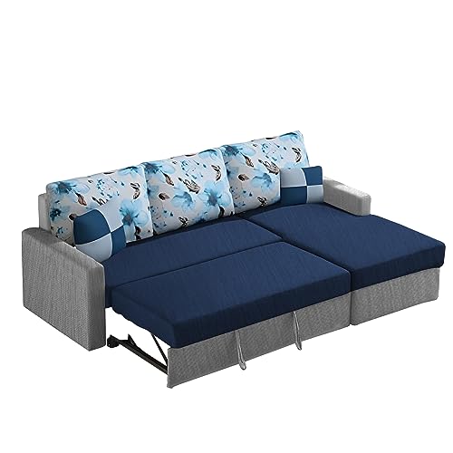 Image of Orland 4 Seater LHS L Shape Sofa Cum Bed for Living Room | Color - Blue Grey | Premium Fabric Sofa