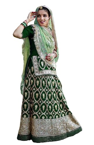 Image of Fancy Heavy Embroidery Work Shimmer Silk Semi-stitched Rajasthani Poshak Rajputi Lehenga Choli For Women