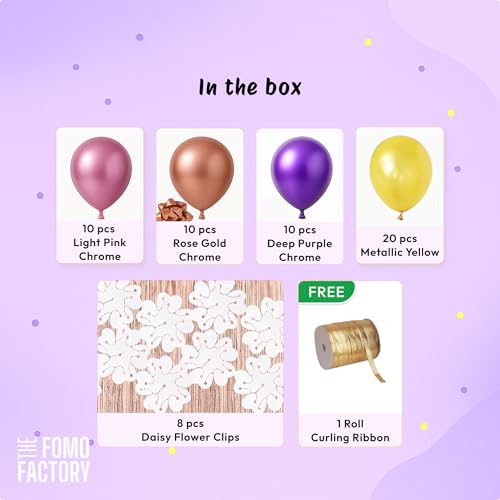 Image of The FOMO Factory Flower Balloon Clips (8 Pcs) + 50 Pcs Metallic Chrome Balloons + Free Curling Ribbons Set | Easy Party Decoration kit for Birthday, Baby Shower, Wedding, Mom Birthday (ClassicFC)