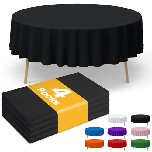 Image of Niuara Black Plastic Table Cloth - 4 Pack 84 inch Round Disposable Tablecloths for Round Tables, Table Cover for Holiday Parties & Gatherings