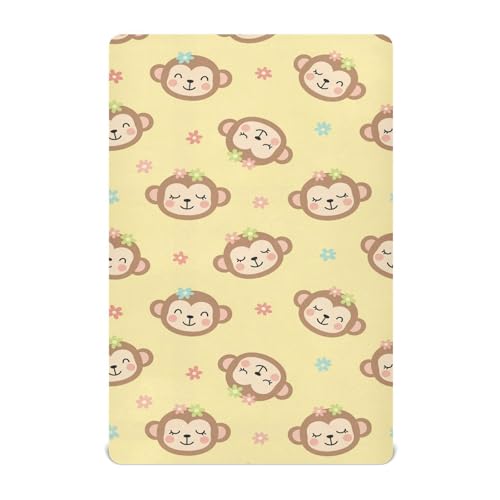 Image of Monkey Flowers Yellow Fitted Crib Sheet for Boys Girls Baby Soft Sheets for Standard Mattress,52 X 28 in
