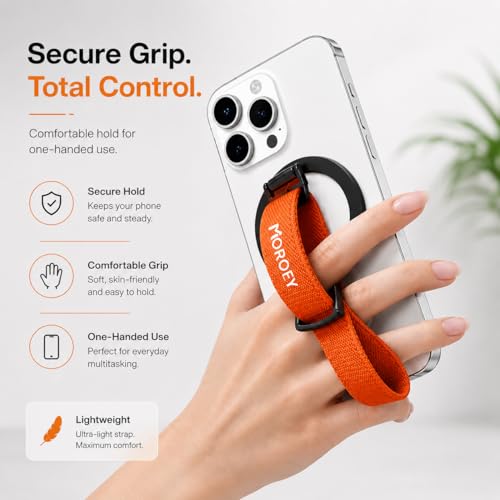 Image of Morofy Magnetic Phone Grip for iPhone & Android Devices with Magnetic Ring Included, Adjustable Finger Strap Stand Holder (Orange)