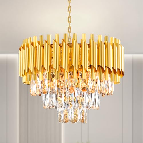 Lustre Golden Crystal Chandelier Lights, Modern Crystal Pendant Light, 3-Tier Raindrop Chandelier Light Fixture, 5xE14 lumières, pour le salon, la salle à...