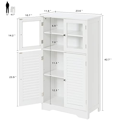 Weenfon Bathroom Cabinet, Storage Cabinet With 2 Glass Doors & 2 Shutter Doors, Free Standing Floor Cabinet With 2 Shelves, For Living Room, Hallway, Home Office, White #TOP2