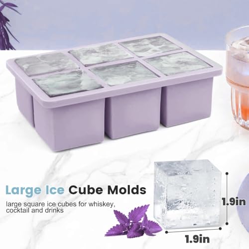 Image of Ice Cube Molds with Lid,Big Silicone Ice Cube Tray for Whiskey,2Inch Square Ice Cube Tray,Easy-Release Ice Mold,Giant Ice Cubes for Bourbon Cocktail (1, Purple)