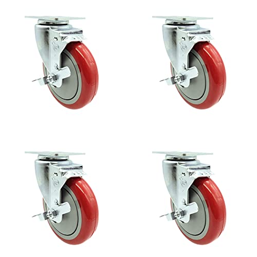 Polyurethane Swivel Top Plate Caster Set of 4 with 5 Inch Red Wheels - Includes 4 Swivel with Top Lock Brakes - 1400 lbs. Total Capacity - Service Caster Brand