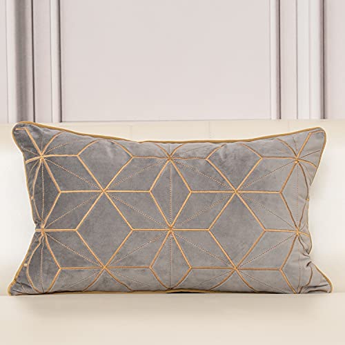 Aeckself 12 x 20 Inch Grey Gold Plaid Geometric Lines Embroidery Velvet Cushion Case Luxury Modern Lumbar Throw Pillow Cover Decorative Pillow for Couch Living Room Bedroom Car 30 x 50cm