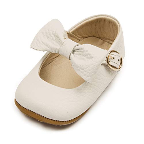 Ella Bonna Baby Girls Mary Jane Flats, Bow Tie Leather Princess Wedding Dress Shoes, Anti-Slip Rubber Sole (Beige, US 5)