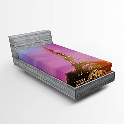 Ambesonne Eiffel Tower 2 Pack Fitted Sheet, Colorful Sky Paris, Bed Cover All-Round Elastic Deep Pockets 2 Pieces, Package Contains 2 Twin Size Fitted Sheets, Purple Orange