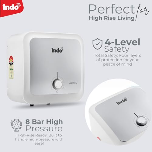 Image of Indo 10 Litre Water Geyser AVIANCA | Glass Line Tank | 8 Bar Presssure | Suitable for High rise Buiding | Thermal Cutout | 2 Years warranty on Product and 5 years on Tank (WHITE)