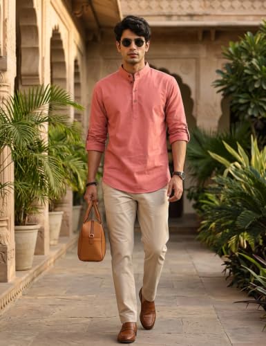 Image of Fifth U Men's Cotton Polyester Blend Solid Mandarin Collar Self Design Full Sleeve Casual Short Kurta
