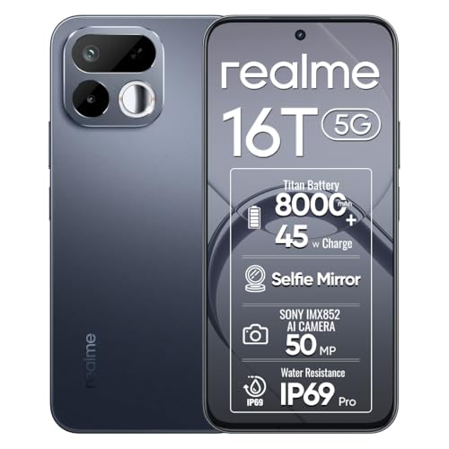 Image of realme 16T 5G Smartphone 8+128GB Black, 6.8-inch Screen, 144Hz Display, 8000mAh Battery, 45W Fast Charging, Rear50MP+Front16MP AI Camera, MediaTek Dimensity 6300, IP69
