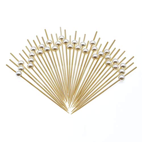 Minisland White Pearl Cocktail Picks, 4.7 Inch Long Bamboo Fancy Toothpicks for Appetizers, Decorative Christmas Bridal Wedding Party Food Drink Garnish Fruit Kabob Skewer Sticks 100 Counts - MSL152