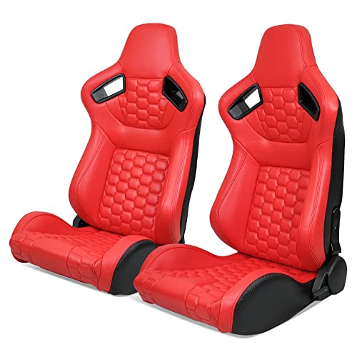 Image of IKON MOTORSPORTS, Universal Racing Seats with Dual Sliders, Reclinable Brown PU + Carbon Leather with Hexagonal Quilting Sport Bucket Seats, 1 Pair Driver + Passenger Side