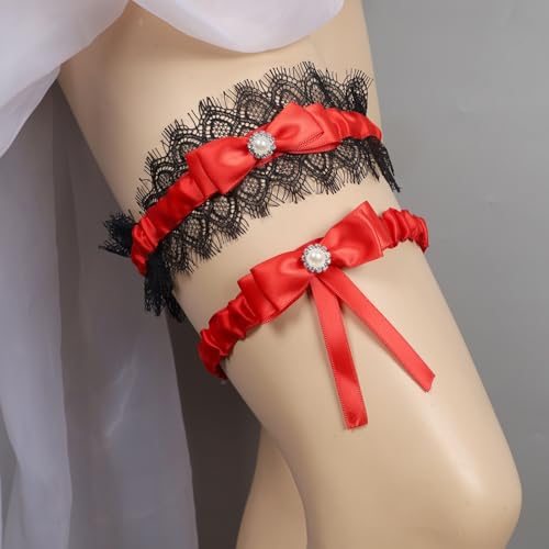 Image of Lace Wedding Garters for Bride with Pearl Party Prom Leg Garter Belt