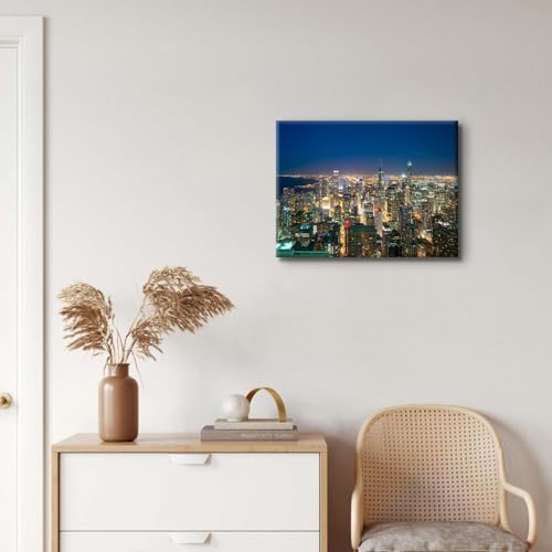 Image of Chicago Skyline Canvas Wall Art for Living Room City Picture Nature Cityscape Night Scene Wall Decor Modern Office Painting USA Skyscraper Panorama Prints Poster Artwork for Home Decoration 12x16 inch