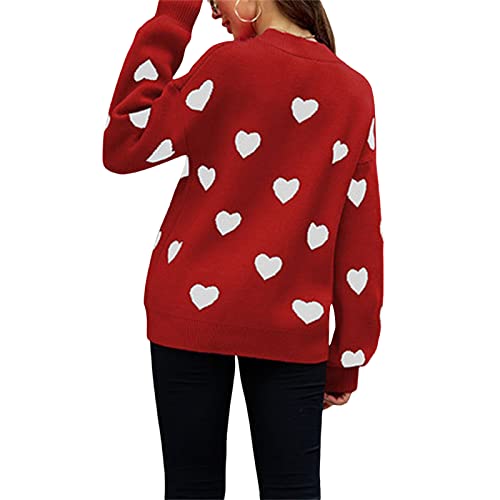 Image of Women's Cute Heart Sweater Love Print Valentine Romantic Knitted Top Casual Crewneck Long Sleeve Sweaters Pullover